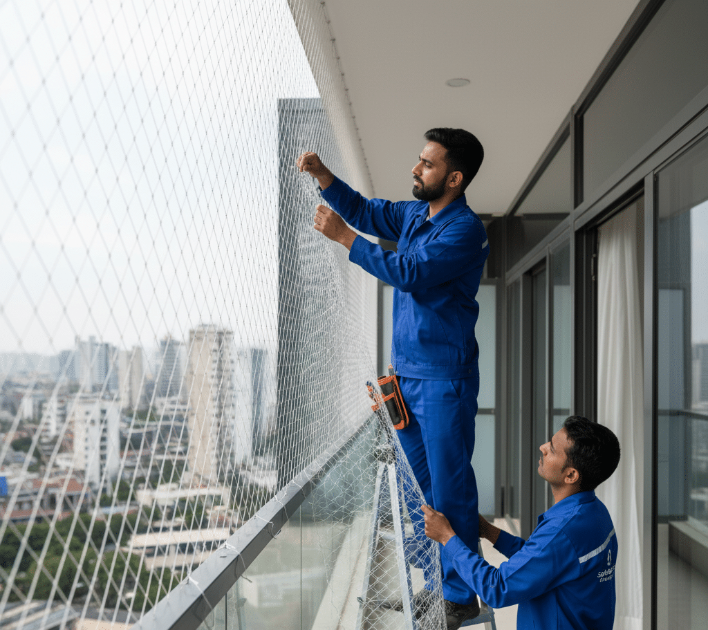 Invisible grills installed by Srinook Ambika Safety Grills for Homes & Buildings